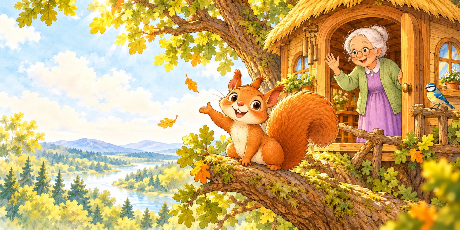 La ardilla Ardi, de pelo naranja y cola enorme, saluda con la pata desde una rama de un gran árbol. A su lado, en la puerta de una casita de madera con tejado de paja construida entre las ramas, una abuela de pelo blanco y gafas le devuelve el saludo. Al fondo se ven un río, bosques y montañas bajo un cielo azul con nubes.
