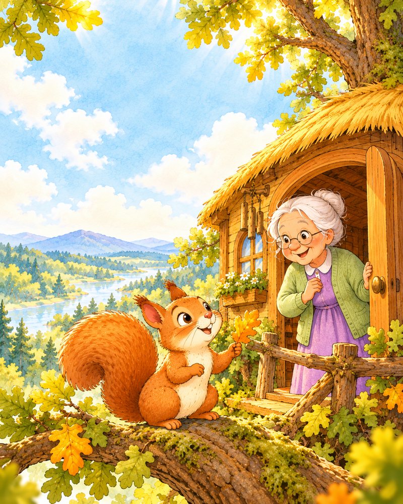Ardi, la ardilla, sentada en una rama, charla sonriente con una abuela de pelo blanco y chaqueta verde que se asoma a la puerta de su casita del árbol, rodeada de hojas amarillas y verdes.