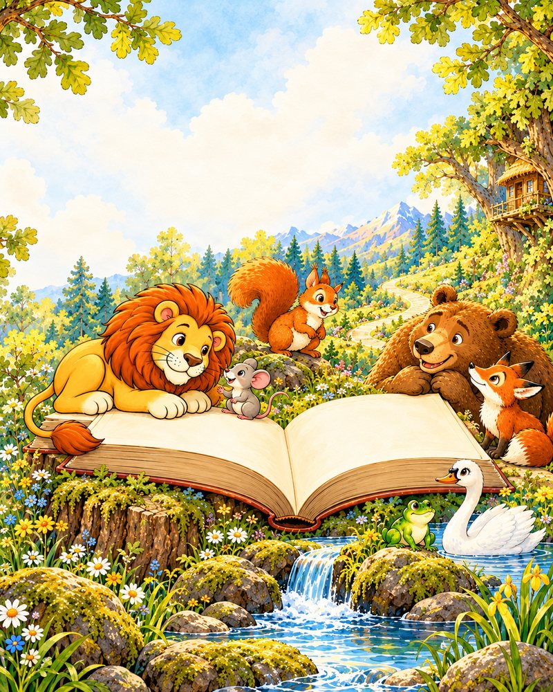 Junto a un arroyo del bosque, un gran libro abierto y mágico reúne a un grupo de animales: un león tumbado con un ratoncito a su lado, un oso y un zorro que miran las páginas con atención, una ardilla sobre las rocas, un cisne blanco en el agua y una ranita verde en la orilla.